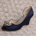 Navy 3" Heel Wedding Shoe Wedge Heel with Brooch